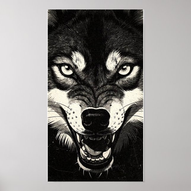 Snarling Wolf 50s Black White Graphics Style  Poster (Front)