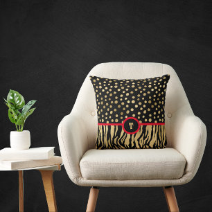 Snazzy Animal Print Inspired Black Gold and Red Cushion