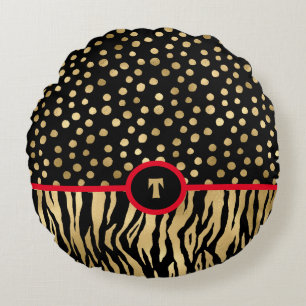 Snazzy Animal Print Inspired Black Gold and Red Round Cushion