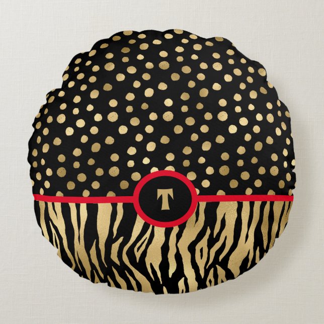 Snazzy Animal Print Inspired Black Gold and Red Round Cushion (Front)