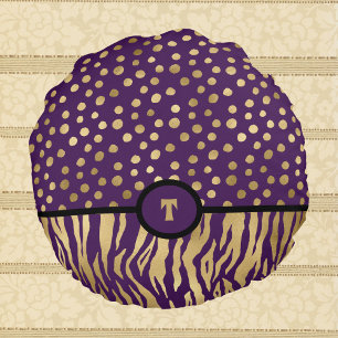 Snazzy Animal Print Inspired Purple Gold and Black Round Cushion