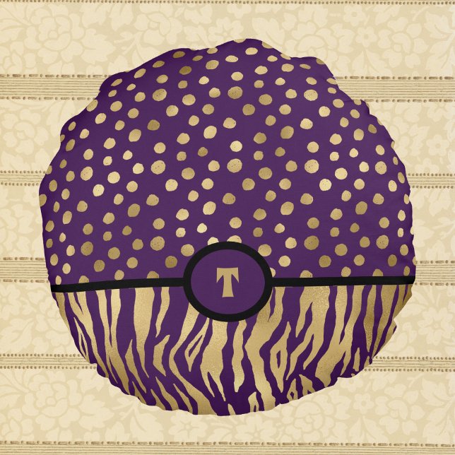 Snazzy Animal Print Inspired Purple Gold and Black Round Cushion (Creator Uploaded)