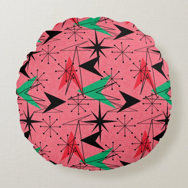 Snazzy Atomic Arrows and Starbursts Aqua Orange Round Cushion (Front)