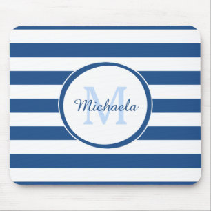 Snazzy Deep Blue Solid Stripes Name and Monogram Mouse Pad