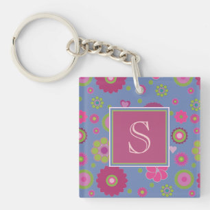 Snazzy Pink and Blue Flower Pattern Monogram Key Ring
