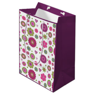 Snazzy Purple and Green Flower Pattern on White Medium Gift Bag