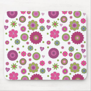 Snazzy Purple and Green Flower Pattern on White Mouse Pad