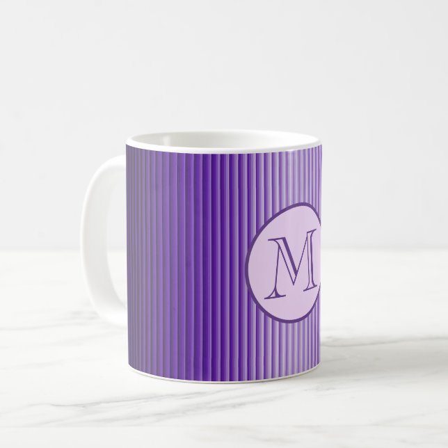 Snazzy Purple Glow Stripes Pattern Custom Monogram Coffee Mug (Front Left)