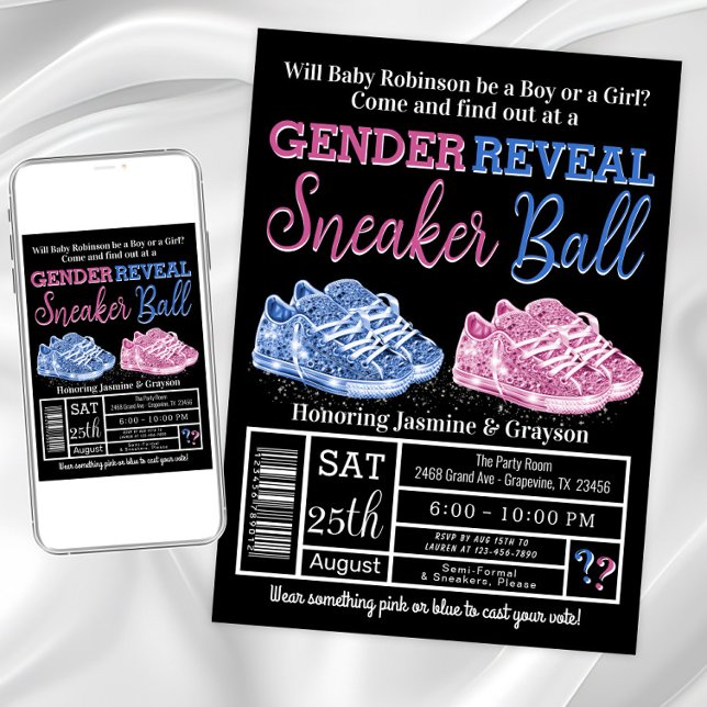 Sneaker Ball Gender Reveal Invitation (Sneaker ball gender reveal invitations. Instant download and printed invitations available.)