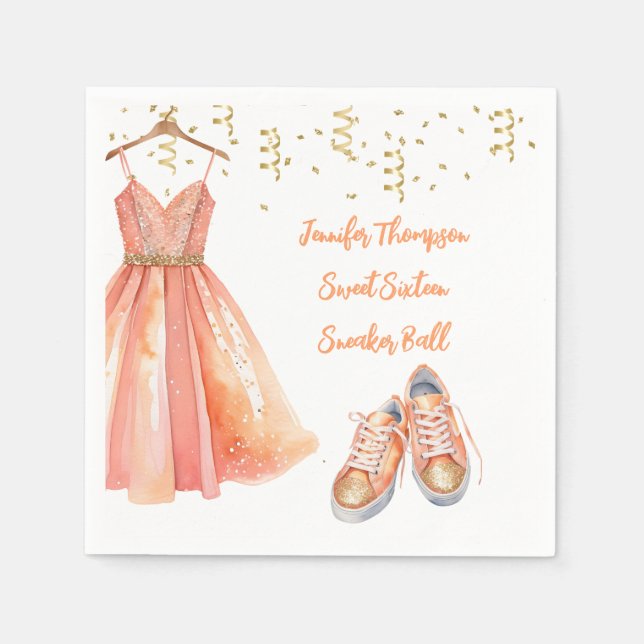 Sneaker Ball Sweet 16 Peach & Gold Glitter  Napkin (Front)