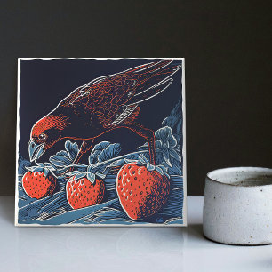Sneaky Amsel's Strawberry Heist - Whimsical Ceramic Tile