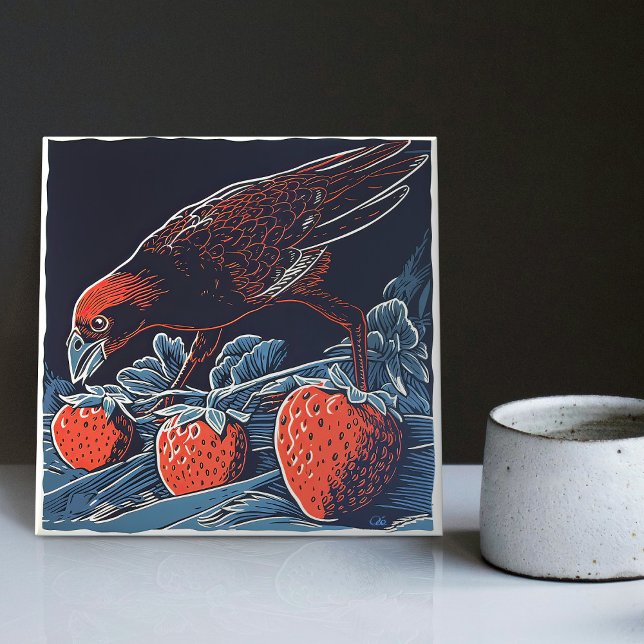 Sneaky Amsel's Strawberry Heist - Whimsical Ceramic Tile (Creator Uploaded)