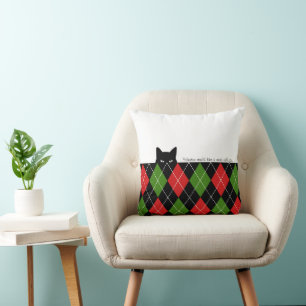 Sneaky Cat Argyle Red Green Black Cushion