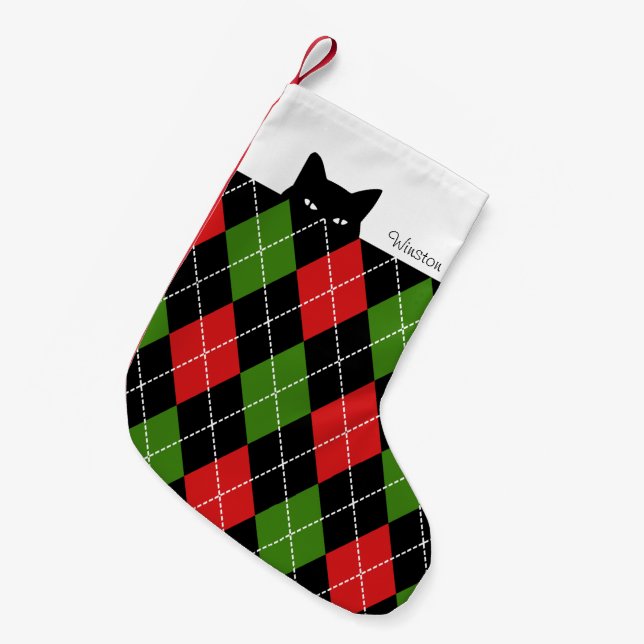 Sneaky Cat Argyle Red Green Black Small Christmas Stocking (Front (Hanging))