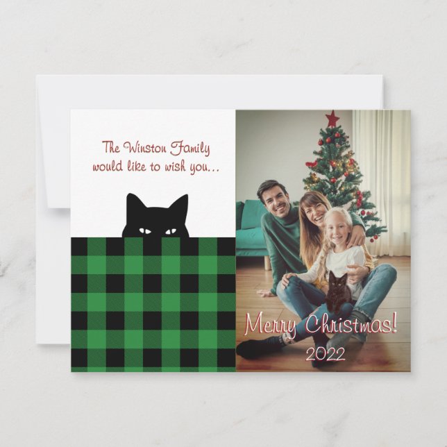 Sneaky Cat Buffalo Check Green Plaid Christmas Card (Front)