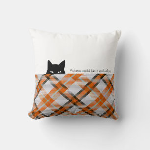 Sneaky Cat Madras Check Orange Grey Cushion