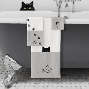 Sneaky Cat Monogram Grey Bath Towel Set