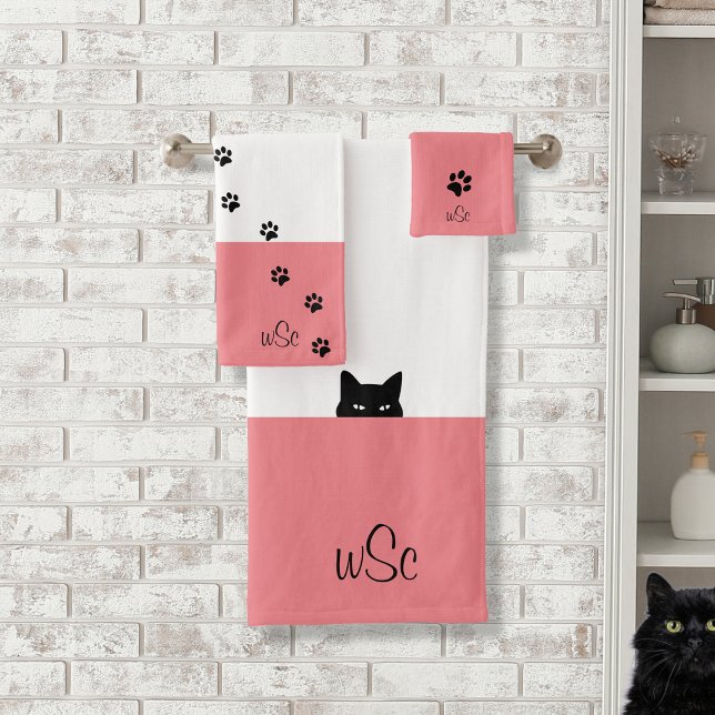 Sneaky Cat Monogram Pink Bath Towel Set (Creator Uploaded)