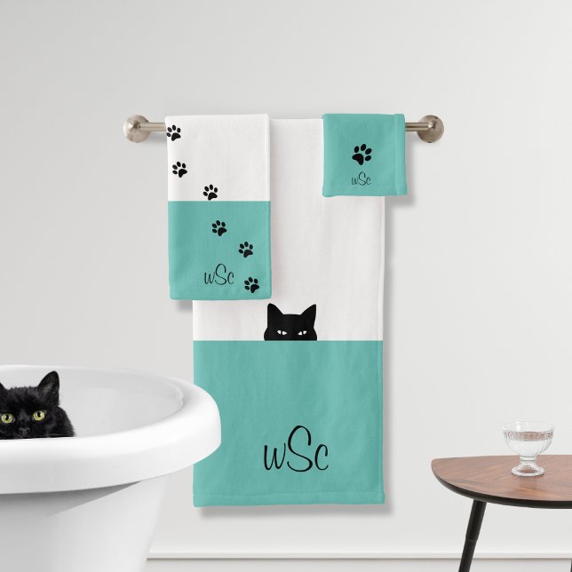 Sneaky Cat Monogram Teal Bath Towel Set (Creator Uploaded)