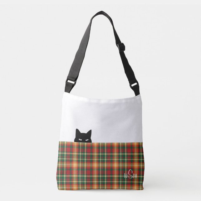 Sneaky Cat Tartan Orange Green Plaid Crossbody Bag (Front)