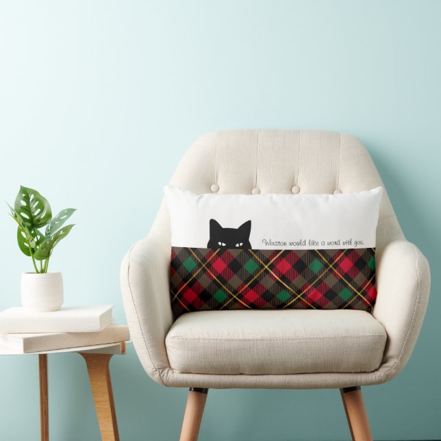 Sneaky Cat Wallace Red Plaid Lumbar Pillow (Chair)