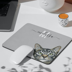 Sneaky Cat Watercolor Monogram Name Mouse Pad