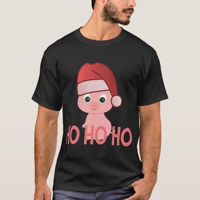 Sneaky Santa Baby Pig in Cute Pink Christmas  T-Shirt (Front)