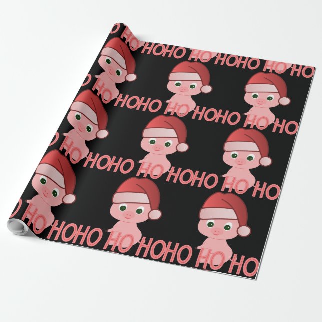 Sneaky Santa Baby Pig in Cute Pink Christmas Wrapping Paper (Unrolled)