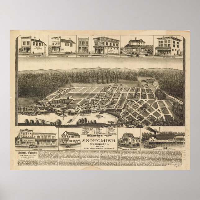 Snohomish Washington 1890 Antique Panoramic Map Poster (Front)