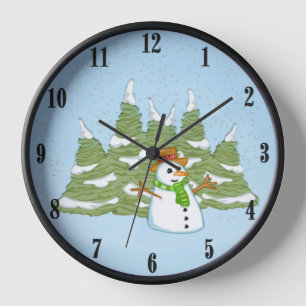 Snoman in Field of Falling Snow Blue Wall Clock
