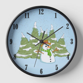 Snoman in Field of Falling Snow Blue Wall Clock