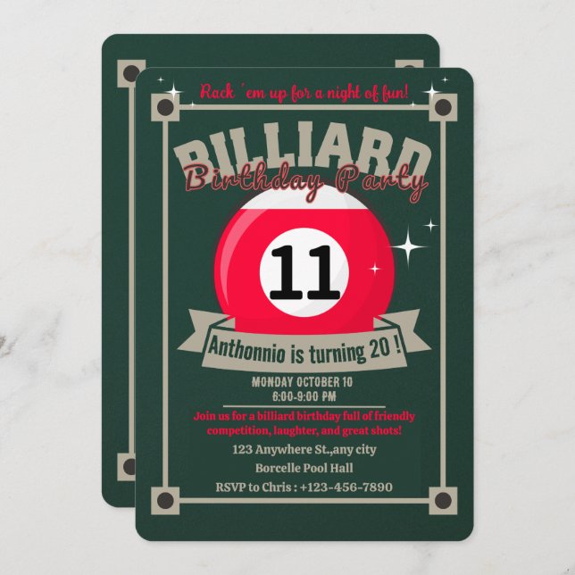 Snooker Invite Pool Birthday Party Billiards Ball (Front/Back)