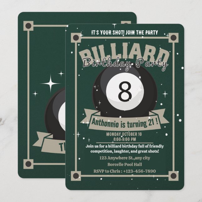 Snooker Invite Pool Birthday Party Billiards Ball (Front/Back)