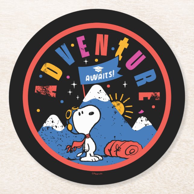 Snoopy Adventure Awaits Graduation Mountain Design Round Paper Coaster (Front)