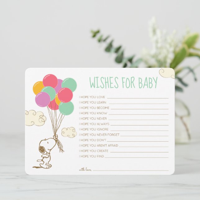 Snoopy and Balloons Baby Shower Wishes for Baby Card (Standing Front)