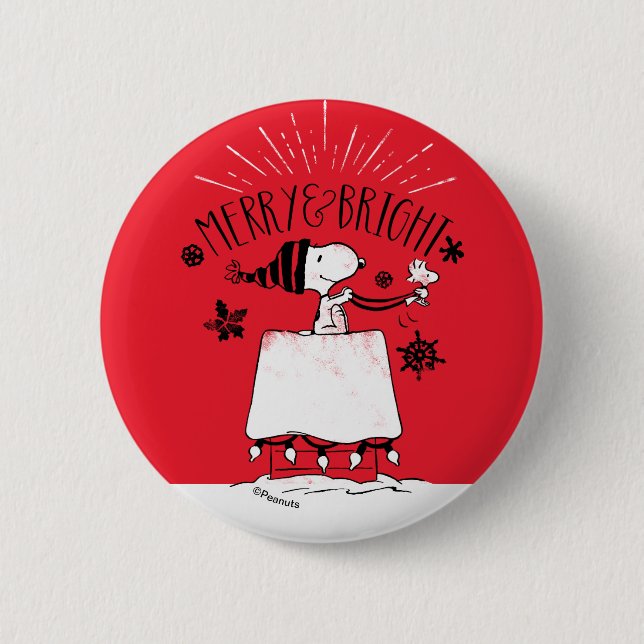 Snoopy and Woodstock - Merry & Bright 6 Cm Round Badge (Front)