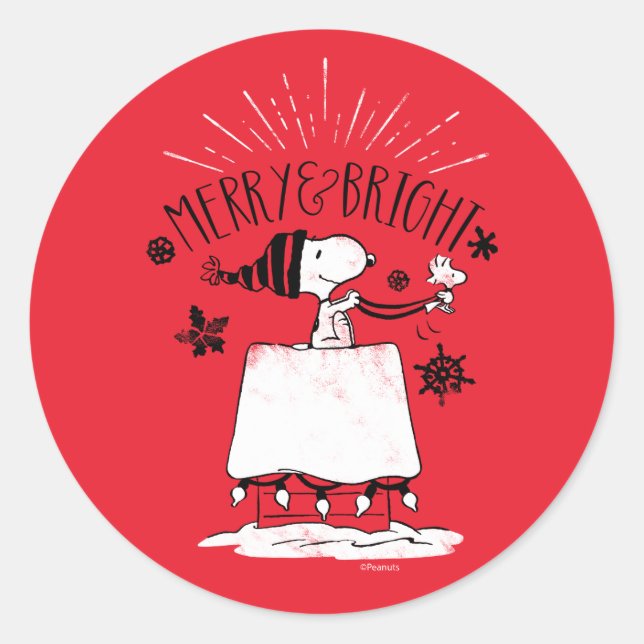 Snoopy and Woodstock - Merry & Bright Classic Round Sticker (Front)