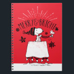 Snoopy and Woodstock - Merry & Bright Notebook<br><div class="desc">Check out this "Merry & Bright" graphic featuring Snoopy sitting on top of his doghouse with Woodstock flying in front,  like Santa and his reindeer.</div>