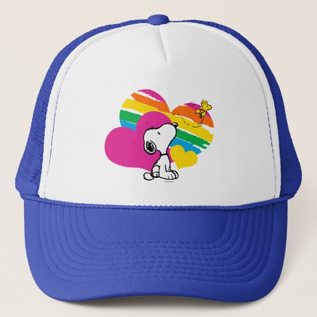 Snoopy and Woodstock | Rainbow Hearts Trucker Hat (Front)