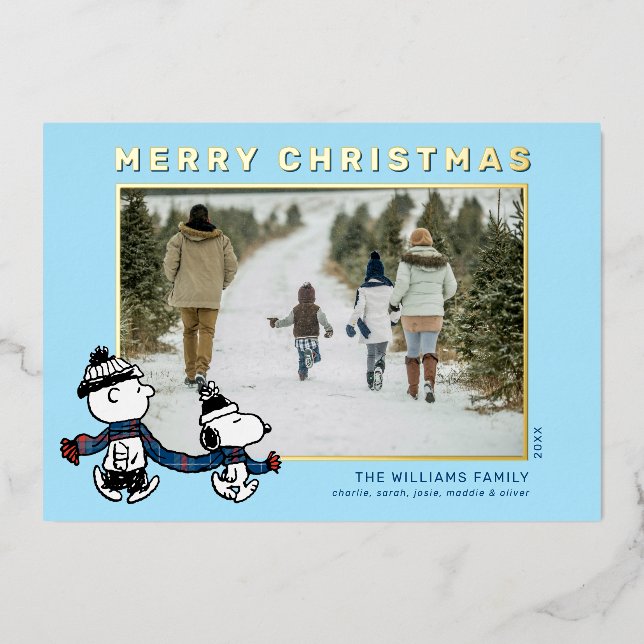 Snoopy & Charlie Brown Scarf Christmas Photo Foil Holiday Card (Front)