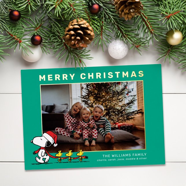 Snoopy & Friends Christmas Family Photo Foil Holiday Card (Card on table)