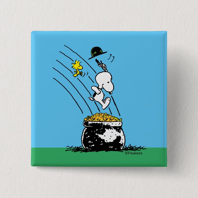 Snoopy Jumping into Pot of Gold 15 Cm Square Badge (Front)