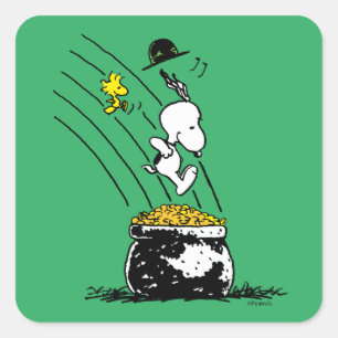 Snoopy Jumping into Pot of Gold Square Sticker
