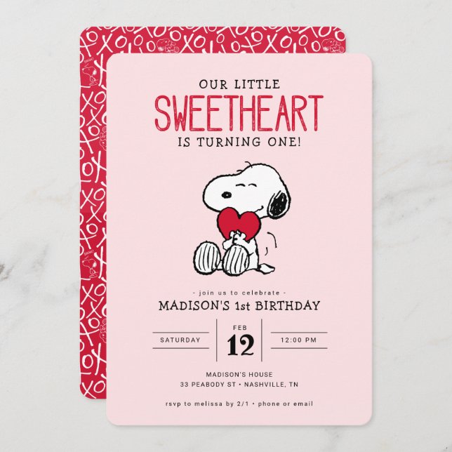 Snoopy | Our Little Sweetheart First Birthday Invitation (Front/Back)
