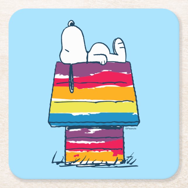 Snoopy | Rainbow Dog House Square Paper Coaster (Front)
