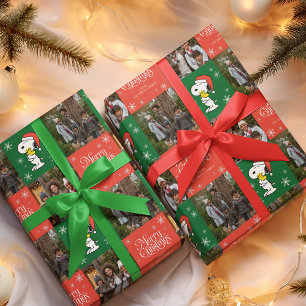 Snoopy Red & Green Merry Christmas - Family Photos Wrapping Paper