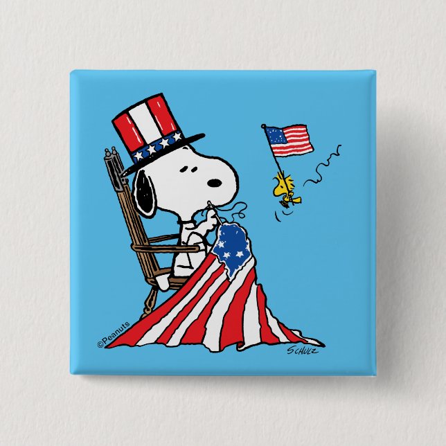 Snoopy Sewing 4th of July Flag 15 Cm Square Badge (Front)