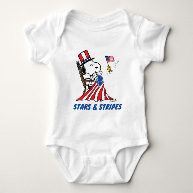 Snoopy Sewing 4th of July Flag Baby Bodysuit (Front)