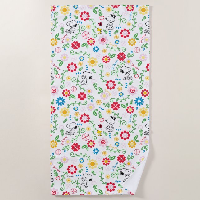 Snoopy So Sweet Flower Pattern Beach Towel (Front)