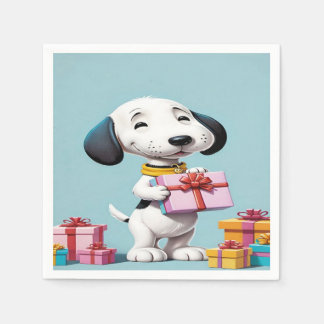 Snoopy, the cute hound is holding a gift box napkin